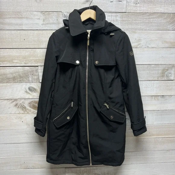 Michael Kors Trench Coat Womens Small Black Hooded Full Zip MK Logo Lined - Picture 1 of 15